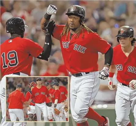  ?? STAFF PHOTO BY STUART CAHILL ?? SUPPORTING CAST: Red Sox designated hitter Hanley Ramirez (center) is congratula­ted by Jackie Bradley Jr. (19) and Andrew Benintendi after hitting a two-run homer in last night’s 9-4 win against the Angels at Fenway. Rick Porcello (inset) pitched into...