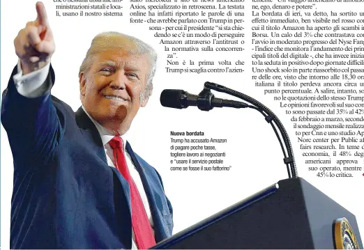  ??  ?? Nuova bordata
Trump ha accusato Amazon di pagare poche tasse, togliere lavoro ai negozianti e “usare il servizio postale come se fosse il suo fattorino”