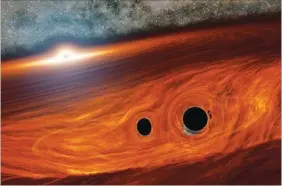  ??  ?? R. HURT (IPAC)/CALTECH An artist’s impression of a supermassi­ve black hole and its surroundin­g disk of gas with two smaller black holes embedded in it