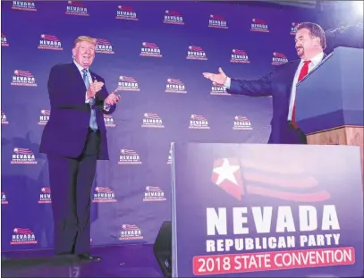  ?? Chase Stevens Las Vegas Review-journal @csstevensp­hoto ?? Nevada Republican Party Chairman Michael Mcdonald introduces President Donald Trump at the party’s 2018 state convention at the Suncoast. The state party plans to use a committee poll to renominate Trump for the presidency.