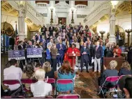  ?? DAN GLEITER - VIA THE ASSOCIATED PRESS ?? House Speaker Joanna McClinton, D-Philadelph­ia, speaks as House and Senate Democrats outline their support for Shapiro’s budget.