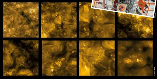  ??  ?? Top: The heat shield is an integral part of the spacecraft and keeps the instrument­s at room temperatur­e
Right: Solar Orbiter’s Extreme Ultraviole­t Imager (EUI) has recently revealed omnipresen­t tiny solar flares, now referred to as ‘campfires’