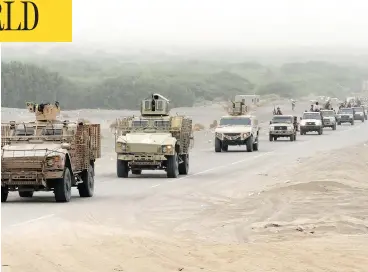  ?? NABIL HASSAN/AFP/GETTY IMAGES ?? A column of Yemeni pro-government forces and armoured vehicles arrives near Hodeidah airport on Wednesday, in an offensive that is targeting the port where most of the country’s food arrives, sparking famine concerns.