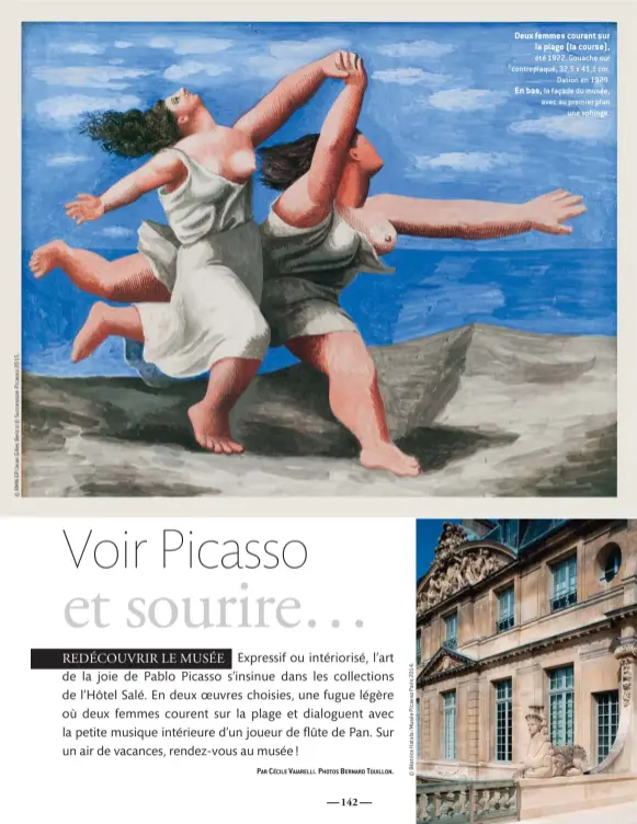  ??  ?? Deux femmes courant sur la plage (la course), été 1922. Gouache sur contreplaq­ué, 32,5 x 41,1 cm. Dation en 1979. En bas, la façade du musée, avec au premier plan une sphinge.