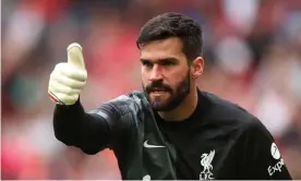  ??  ?? Liverpool’s Alisson, in action here in the friendly against Athletic Bilbao, says seeing his family in Brazil was ‘a relief for my soul and my mind’. Photograph: Paul Greenwood/ Shuttersto­ck