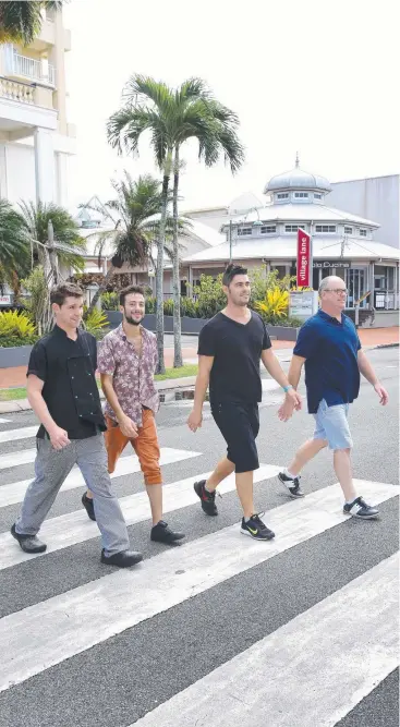  ?? Picture: ANNA ROGERS ?? STEPPING OUT: Piccolo Cucina staffers Kyle Barrett, Thomas Zerbinotto, Francesco Montouri and Kieran O'Connor are keen to see the Abbott St crossing changed to one lane.