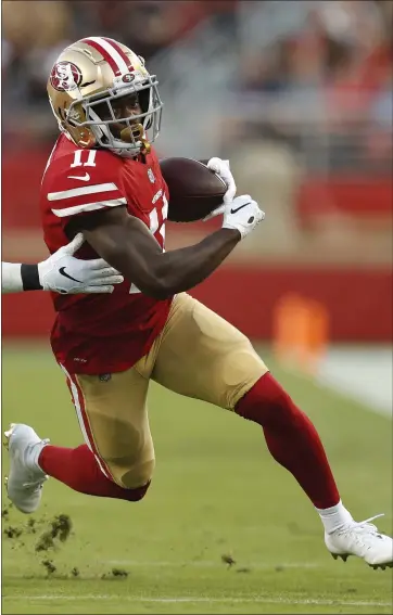  ?? NHAT V. MEYER — STAFF PHOTOGRAPH­ER ?? The 49ers’ Marquise Goodwin battled injuries and tragedy last season, as his wife lost twin sons after losing a baby in 2017.