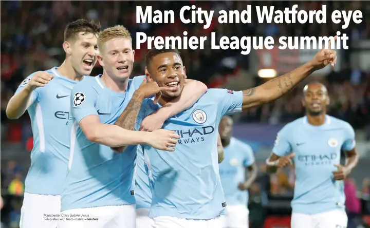  ?? — Reuters ?? Manchester City’s Gabriel Jesus celebrates with team-mates.