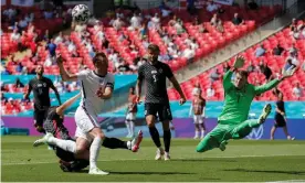  ?? Photograph: Tom Jenkins/The Guardian ?? Harry Kane sees a rare chance against Croatia go begging – he touched the ball only 26 times in England’s Euro 2020 opener.