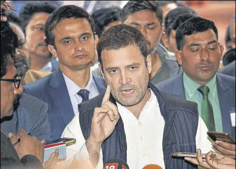  ?? PTI ?? Congress President Rahul Gandhi addresses the media during the Winter Session of Parliament in New Delhi on Tuesday.