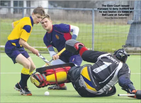  ?? Picture: Paul Amos FM3004935 ?? The Gore Court keeper manages to deny Ashford but he was beaten six times at
Ball Lane on Saturday