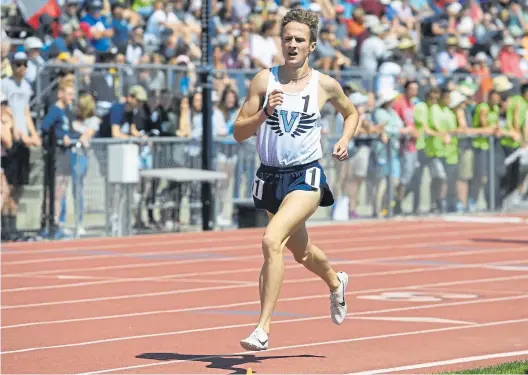  ?? Andy Cross, Denver Post file ?? Cole Sprout of Valor Christian races toward a Class 5A state championsh­ip in the 3,200 meters last year as a junior in a time of 9 minutes, 11.84 seconds. His chances for adding to his total of individual state titles are waning because of concerns about the coronaviru­s.