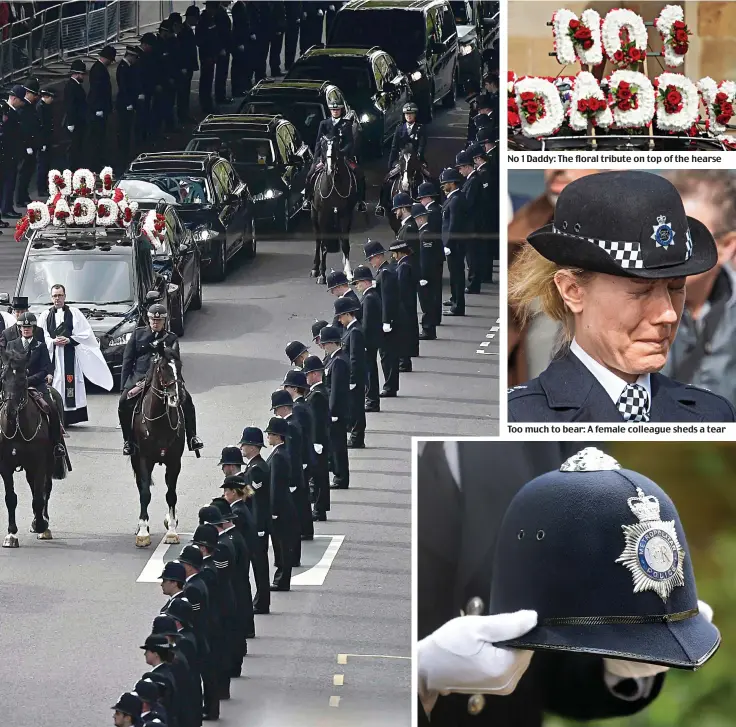  ??  ?? No 1 Daddy: The floral tribute on top of the hearse Too much to bear: A female colleague sheds a tear Pride of the Met: PC Palmer’s uniform helmet is carried into the cathedral