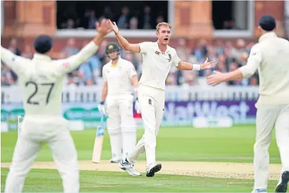  ?? Picture: Getty. ?? England’s Stuart Broad successful­ly appeals for the wicket of Travis Head.