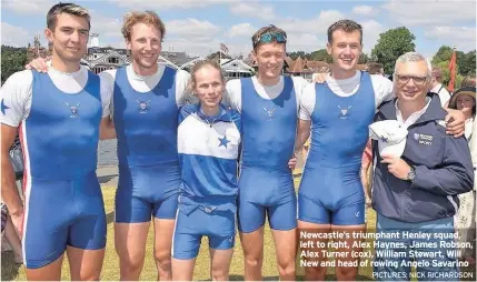  ??  ?? Newcastle’s triumphant Henley squad, left to right, Alex Haynes, James Robson, Alex Turner (cox), William Stewart, Will New and head of rowing Angelo Savarino PICTURES: NICK RICHARDSON