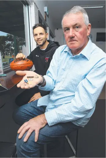  ??  ?? Former Eagle Nathan Braddock with author Paul Millar, who is documentin­g the life of Newtown & Chilwell legend Len Alford (inset) in a new book. Picture: ALAN BARBER