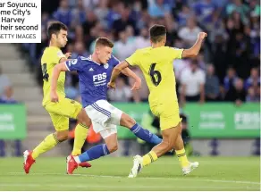  ?? GETTY IMAGES ?? GOALS: Caglar Soyuncu, left, heads home City’s first goal and Harvey Barnes gets their second