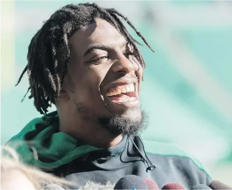  ?? MICHAEL BELL ?? Duron Carter on Friday became the first Roughrider­s player to score a touchdown on a reception and an intercepti­on return in the same season since Paul Williams in 1978.