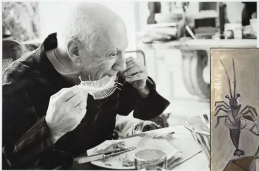  ?? © David Douglas Duncan/JeanGilles Berizzi ?? Links: Picasso vecht met een visgraat. Onder: Pablo Picasso, ‘Nen amb llagosta’, 1941.