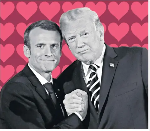  ??  ?? Bonding: Donald Trump gives his French counterpar­t Emmanuel Macron a manly handshake