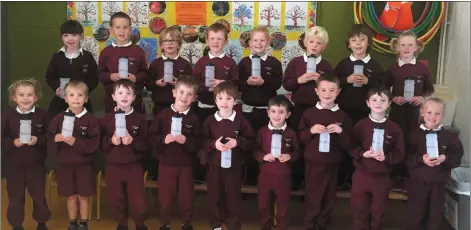  ??  ?? Senior Infants ‘Castletown Crusaders’ with their reusable water bottles made from recycled material, which was introduced as part of the school uniform.