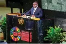 ?? Photograph: Enrique Shore/Alamy Live News ?? Julius Maada Bio speaking at the Transformi­ng Education summit at the UN headquarte­rs in New York in September.