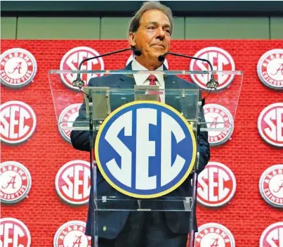  ?? AP PHOTO/JOHN BAZEMORE ?? Alabama head coach Nick Saban speaks Tuesday during NCAA football Southeaste­rn Conference media days Tuesday in Atlanta.