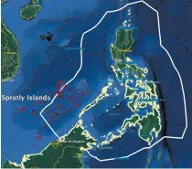  ?? BY AUTHOR USING GOOGLE EARTH PRO ?? Our EEZ (white line) when based solely on baselines. Red dots represent the islands and reefs China and Vietnam claim is an archipelag­o that is part of their sovereign territory.