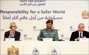  ?? Supplied photo ?? Jürgen Stock, Brigadier-General Hamad Ajlan Al Amimi and Elias Murr announce the details of the UAE’s contributi­on to Interpol Foundation for Safer World in Abu Dhabi on Monday. —