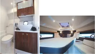  ??  ?? L E F T The shared heads compartmen­t RIGHT The master cabin has an extendable double berth, a starboard seating area and full-height storage with plenty of space and natural light