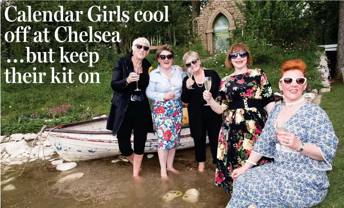  ??  ?? Going barefoot: Left to right, Tricia Stewart, Claire Machin, Ros Fawcett, Debbie Chazen and Sophie-Louise Dann in the Welcome to Yorkshire garden yesterday