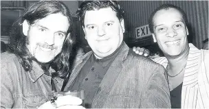  ??  ?? Actor Robbie Coltrane (centre) with musicians Lemmy from Motorhead and Mel Gaynor from Simple Minds at the Limelight Club in July 1987