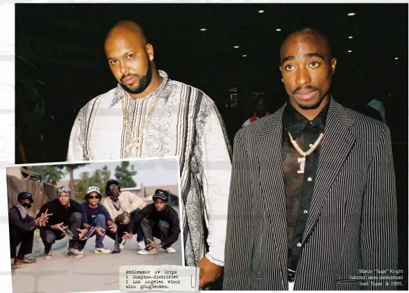  ??  ?? Medlemmar av Crips i Compton-distriktet i Los Angeles visar sina gängtecken. Marion ”Suge” Knight (vänster) skrev skivkontra­kt med Tupac år 1995.