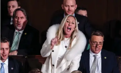  ?? Photograph: Jim Lo Scalzo/EPA ?? Marjorie Taylor Greene shouts ‘liar’ as Joe Biden delivers his State of the Union address in 2023.