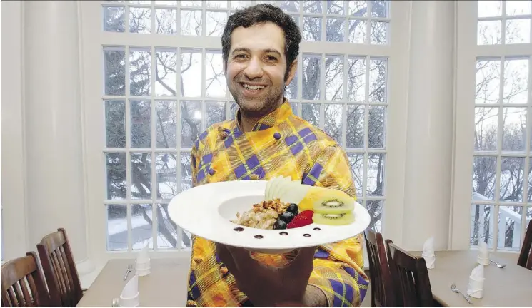  ?? DAVID BLOOM ?? Vintage Fork owner and chef Salar Melli shows off his glorious take on humble oatmeal at his restaurant inside Rutherford House on Saskatchew­an Drive.