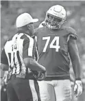  ??  ?? Cardinals offensive tackle D.J. Humphries (74) disputes a call with umpire Shawn Smith during a game against the Seahawks last
Sept. 29.