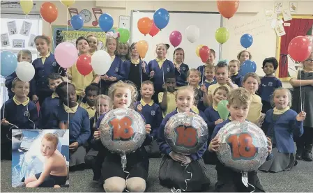  ??  ?? Dame Dorothy Primary School pupils released balloons to mark what would have been the 18th birthday of Kieran Anderson, inset.