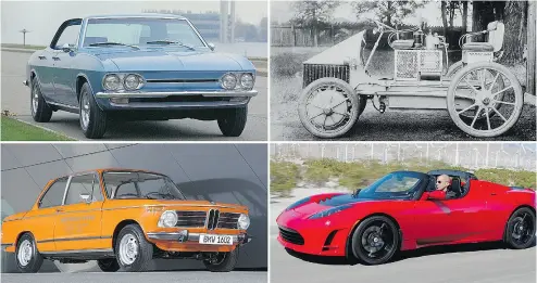  ??  ?? Clockwise from top left, electric pioneers the 1964 Chevrolet Electrovai­r, the 1900 Lohner-Porsche, the 2006 Tesla Roadster and the 1972 BMW 1602 Electric.