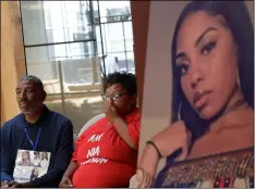  ?? AP PhoTo/Jeff ChIu ?? In this Aug. 17 file photo, a photo of victim Nia Wilson (right) is displayed at a news conference as her father Ansar El Muhammad (left) and her mother Alicia Grayson listen during a news conference in San Francisco.