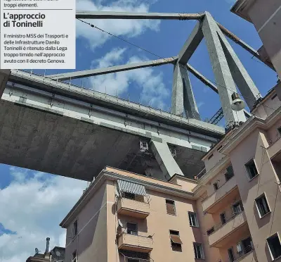  ??  ?? Il crolloI pilastri del ponte Morandi di Genova, costruito fra il 1963 e il 1967 e crollato il 14 agosto, sopra le case di Genova