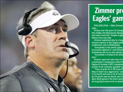  ?? AP ?? Philadelph­ia Eagles head coach Doug Pederson watches his team from the sideline during their playoff game against Carolina.