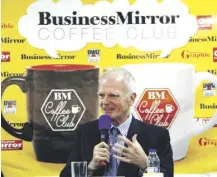  ??  ?? EUROPEAN Union Ambassador Frank Jessen speaks at the BusinessMi­rror Coffee Club early in February