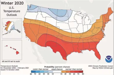  ?? NOAA ?? This map shows the probabilit­y (percent chance) that winter temperatur­es (December 2020-Februry 2021) at any location will be in the upper, middle or lower third of the climatolog­ical record (1981-2020).