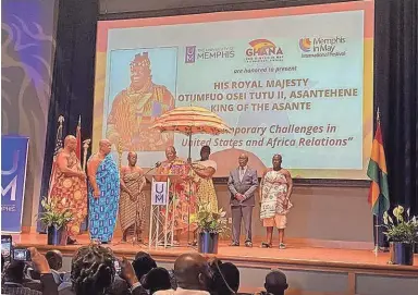  ?? GINA BUTKOVICH/THE COMMERCIAL APPEAL ?? Otumfuo Osei Tutu II, Asantehene, the Asante King, speaks at the University of Memphis Thursday as part of the Memphis in May Internatio­nal Festival.