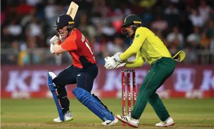  ?? Photograph: Dan Mullan/Getty Images ?? Eoin Morgan hits out during a T20 Internatio­nal against South Africa in Durban in February. England are likely to confirm a six-match white-ball tour will go ahead.