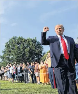  ?? REUTERS ?? U.S. President Donald Trump pumps his fist as he arrives on the White House South Lawn to host a 4th of July 2020 Salute to America to celebrate the U.S. Independen­ce Day.