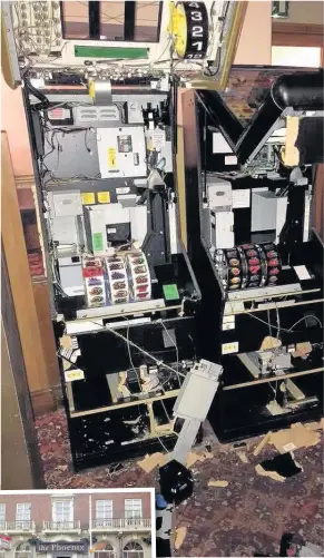  ??  ?? Fruit machines ripped to shreds at the Phoenix pub on Southport’s Coronation Walk: the office was also trashed for money