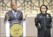  ?? ELIZABETH CONLEY / HOUSTON CHRONICLE ?? Houston Mayor Sylvester Turner and acting Police Chief Martha Montalvo hold a news conference Wednesday at City Hall to announce the release of all available video of the July 9 police shooting of Alva Braziel. The footage was released Thursday .