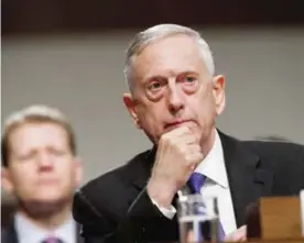  ??  ?? WASHINGTON: Defense Secretary Jim Mattis listens on Capitol Hill yesterday while testifying before the Senate Armed Services Committee hearing on the Pentagon’s budget. — AP