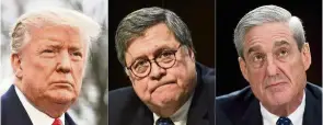  ?? — AFP ?? No evidence found: A combinatio­n photo of (from left) Trump, Barr and Mueller.